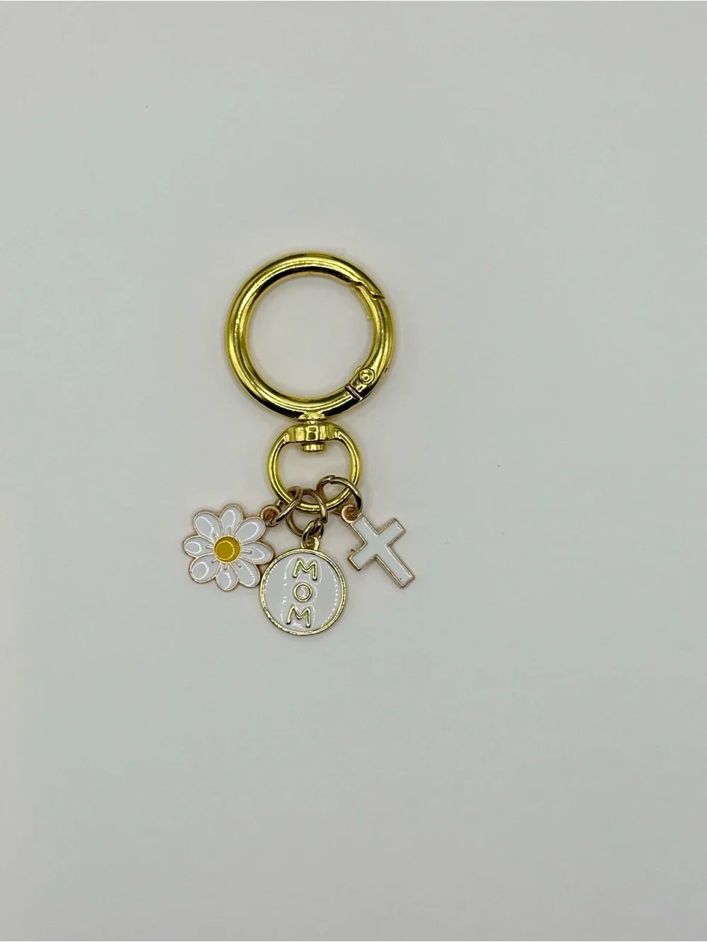 Gold Mom Charm Keyring with Daisy and Cross